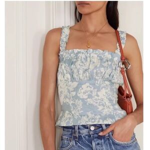 Reformation delicate floral blue Candella linen top in Porcelain